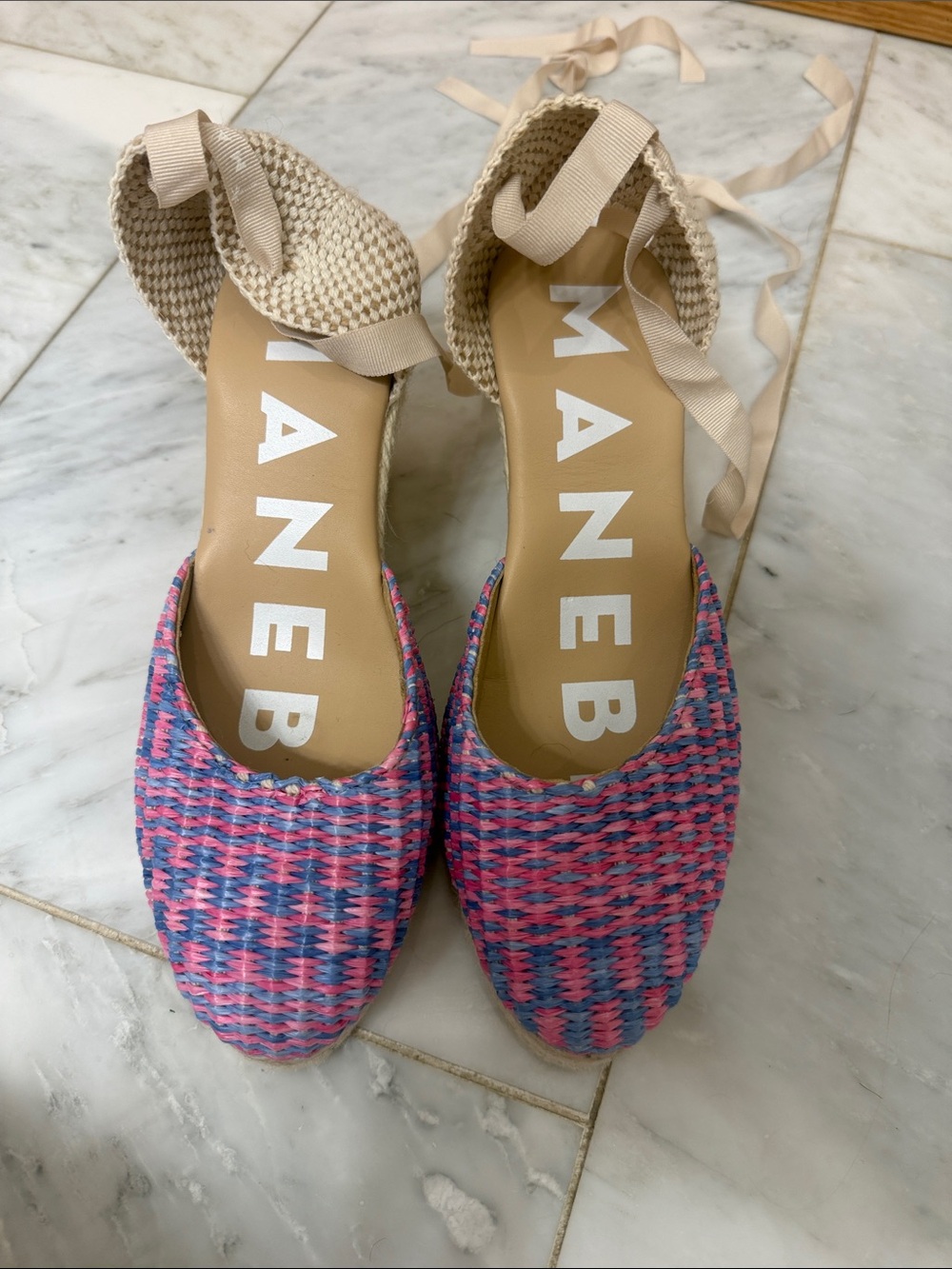 Manebi Pink & Blue Woven Espadrille Flats with Cream Ankle Ties